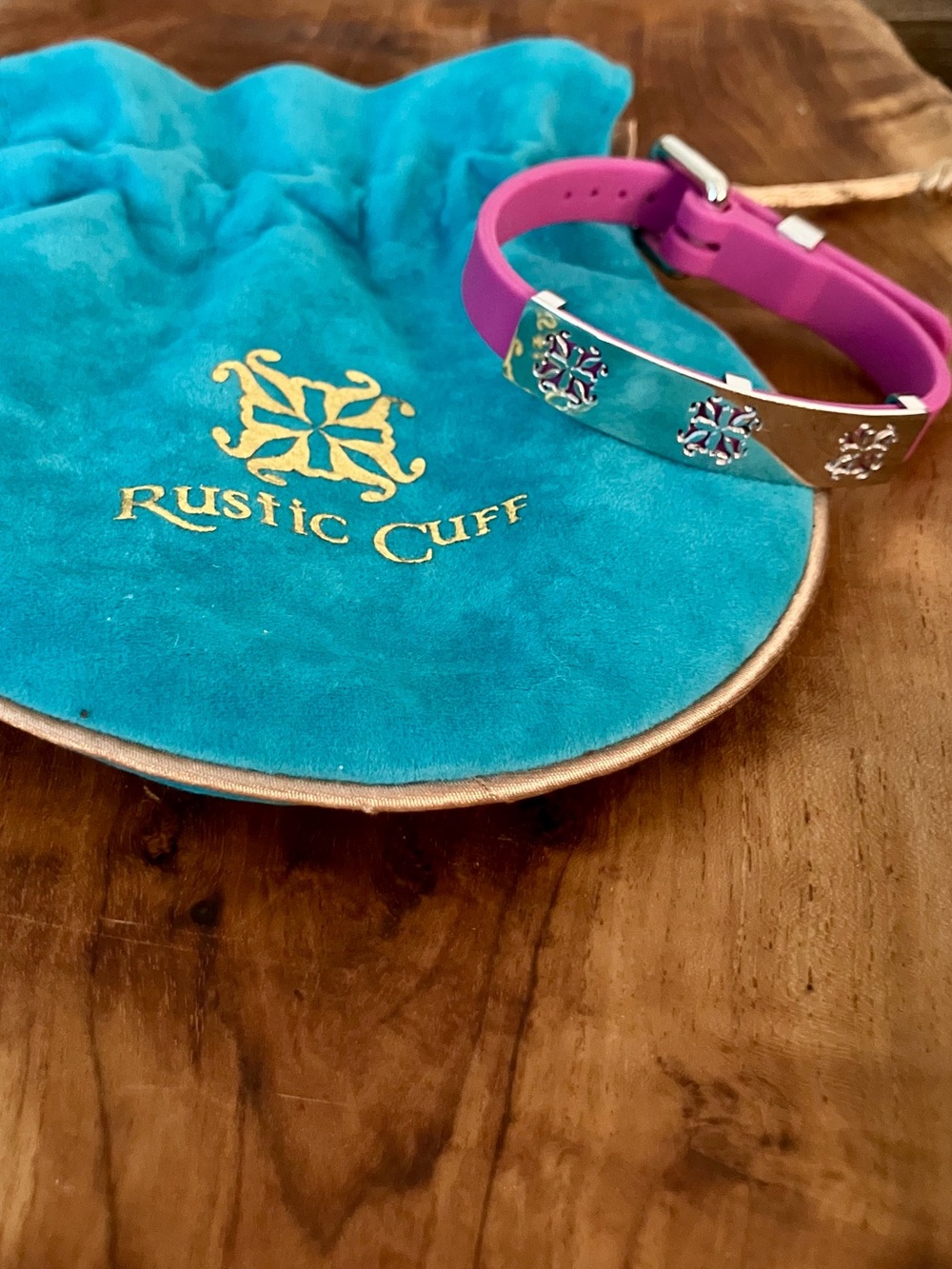Rustic Cuff Pink Silicone & Silver Tone Cutout Bracelet with Pouch